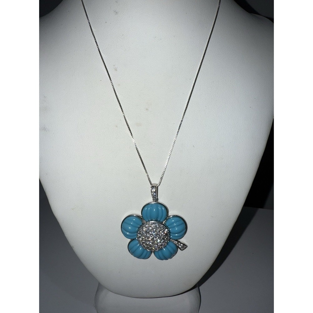 ROSS-SIMONS 925 Simulated Italian Turquoise CZ Flower Pendant Chain Necklace‎